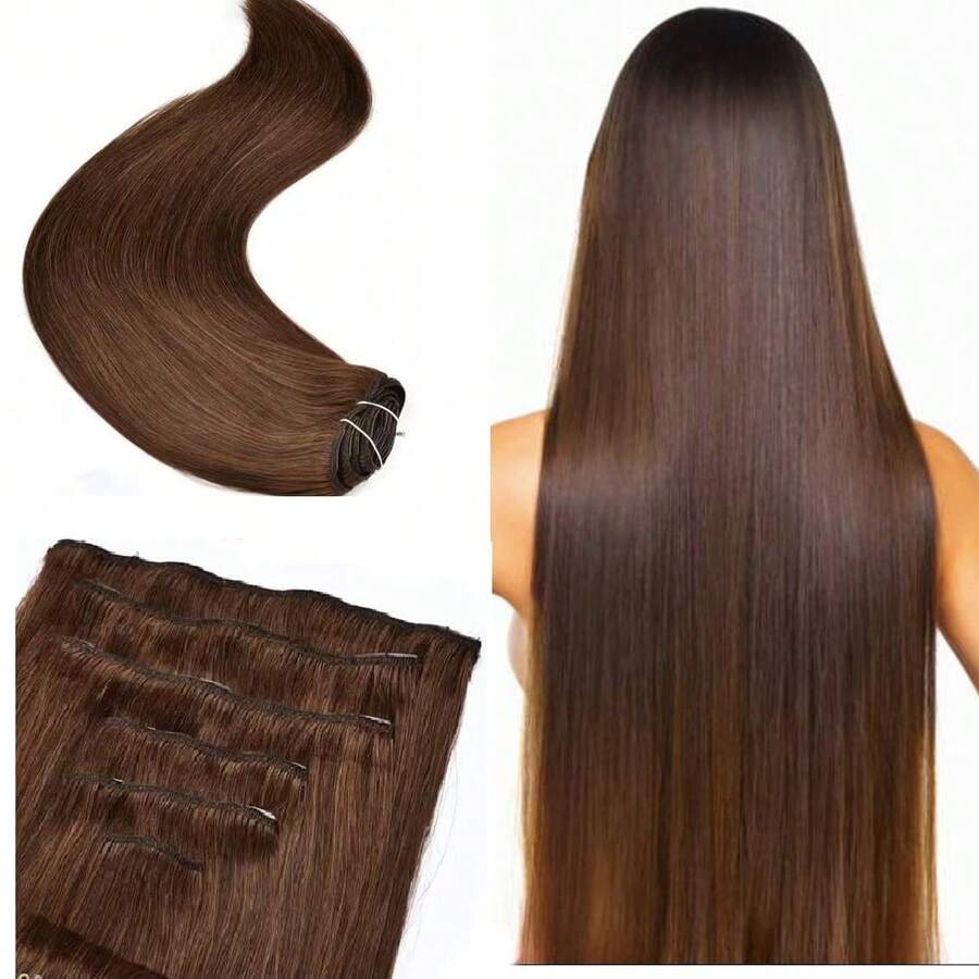 4# Brown Clip In Hair Extensions Human Hair Double Weft Clip In Brazilian Remy Human Hair Extensions 8pcs Per Set With 18 Clips 14-28 Inch - S4 - View 1