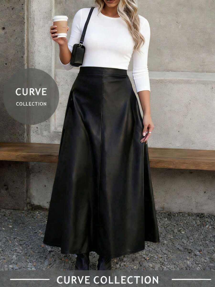 Elegant Plus Size Women's Spring/Summer Sexy Music Festival Versatile Casual Fashion PU A-Line Skirt | Perfect For Valentine's Day, Birthday Party, Office, Date, Holiday Events & Daily Wear - màu đen - Xem 1