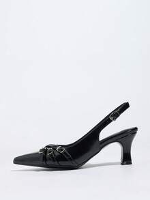 Solid Color PU Leather Buckle High Heel Shoes, Cargo Style Style, Spring/Summer - Black - View 4