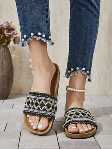 Sapatos femininos estilo boêmio com estampa geométrica trançada, modernos, elegantes e confortáveis, estilo sapatilha, ideais para o dia a dia, trabalho, festas e ocasiões casuais. - Preto - Ver 3