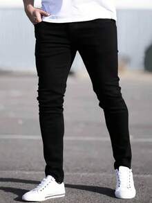 Jeans ajustados de color negro sólido elásticos para adolescentes, pantalones de mezclilla de corte slim para adolescentes - Negro - Ver 2