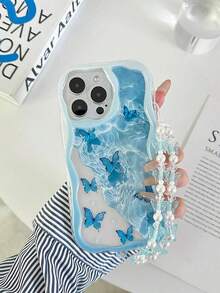 奶油色波浪边亮面蝴蝶彩绘防摔手机壳，配手工串珠手链，兼容 XR/11/12/13/14/15 Plus、16 Pro Max、17 Air 系列 - 彩色 - 查看 4