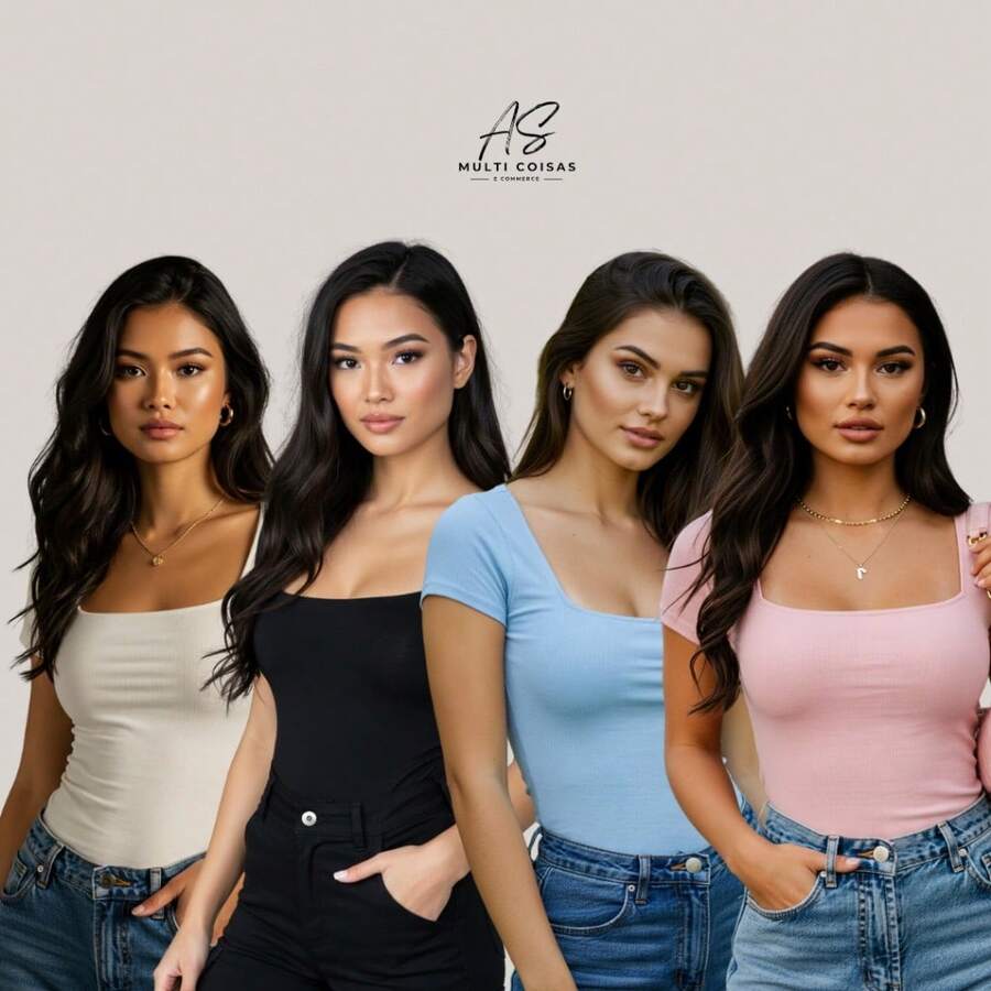 Set Of 4 Baby Look Blouses With Double Front Lining And Square Neckline. Simple. None. Vacation. Beach. - TẮT/ĐEN/XANH DƯƠNG/HỒNG - Xem 1