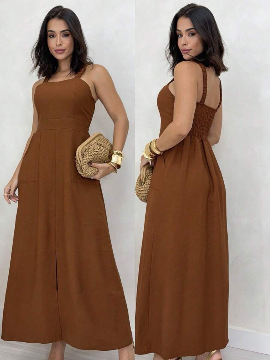 Long Dress Simple Elegant Casual Button Split Side Slit Women Wedding - 鏽棕色 - 查看 1