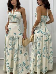 Elegant Casual Cute Set, Gathered Fabric, Ruffled Hem, Knot Detail, Women's, Wedding, Summer - 米色 - 查看 3