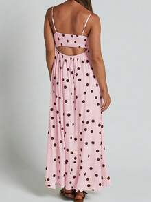Women Summer Spaghetti Strap Dress Casual Dot Print Backless A-Line Party Dress For Vacation Cocktail Beach Streetwear - 粉色 - 查看 3