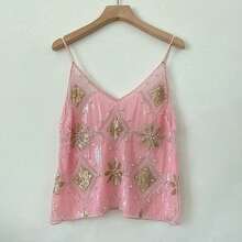 Women's Sequined Camisole Rhinestone V-Neck Sleeveless Camisole Summer Loose Vest Cropped Top - Hồng - Xem 2