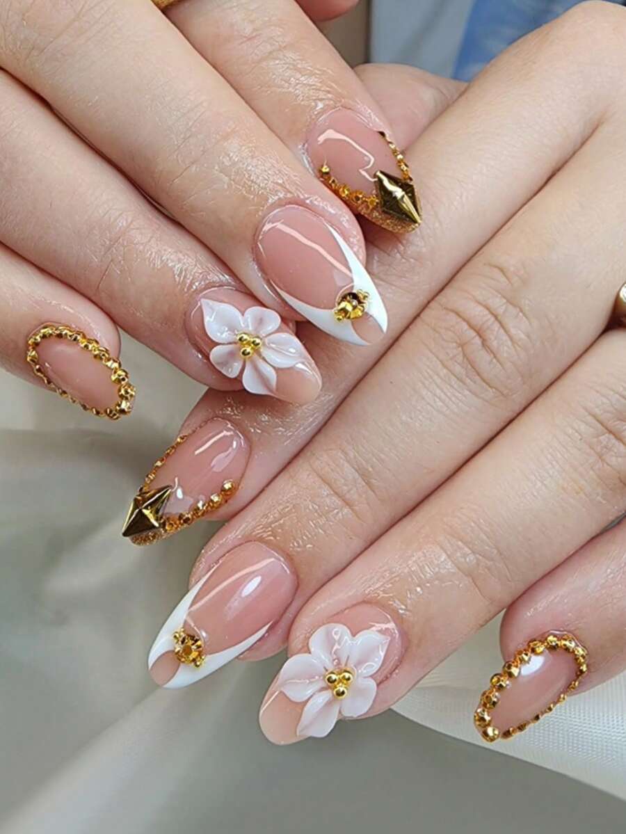 24 móng giả acrylic bóng kiểu Pháp, hình dáng hạnh nhân cỡ trung bình, trang trí hoa 3D đính đá vàng, phong cách Y2K thời trang, phù hợp cho phụ nữ và bé gái sử dụng hàng ngày. - Nhiều màu - Xem 1