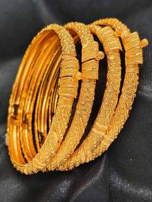 1pc Middle Eastern Style Open Bangle Bracelet, Dubai Saudi Arabia Fashion Jewelry, Luxury Bridal Accessory - Yellow Gold - View 1