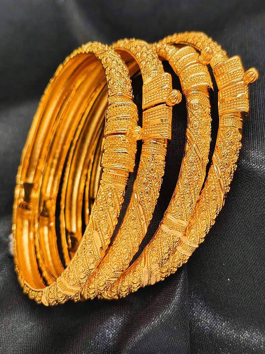 1pc Middle Eastern Style Open Bangle Bracelet, Dubai Saudi Arabia Fashion Jewelry, Luxury Bridal Accessory - Yellow Gold - View 1