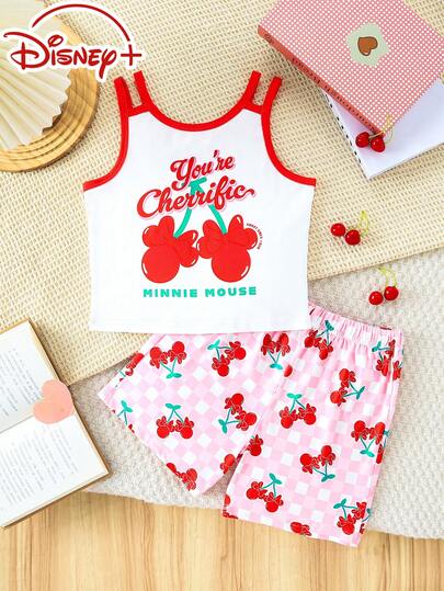 Disney 女童樱桃印花吊带背心搭配松紧腰樱桃格子短裤套装，舒适日常穿搭，适合居家穿着，夏季皆宜。