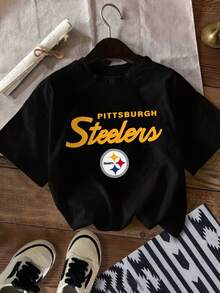 Pittsburgh Steelers Black T - Shirt With Bold Yellow 'PITTSBURGH' & Stylized Yellow 'Steelers' Logo,  Team Fan Apparel, Perfect For Game Day & Fans - 黑色 - 查看 1