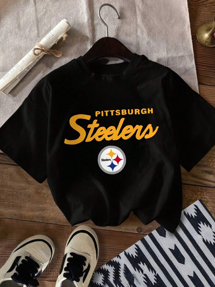 Pittsburgh Steelers Black T - Shirt With Bold Yellow 'PITTSBURGH' & Stylized Yellow 'Steelers' Logo,  Team Fan Apparel, Perfect For Game Day & Fans - 黑色 - 查看 1