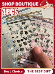 4片装3D立体蝴蝶结美甲贴纸，新款时尚文字美甲贴纸，复古Y2K风格，适合女性和女孩DIY，可用于婚礼、情人节美甲设计 - 彩色 - 查看 2