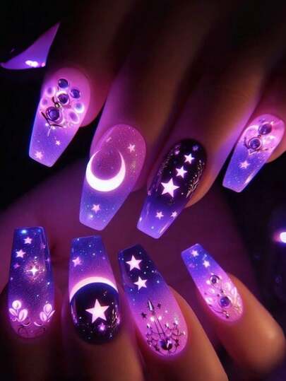 Diseño de uñas con estampado de estrellas y lunas moradas - 24 piezas de uñas postizas para aplicar, suministros de arte de uñas estilo Y2K