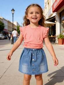 两件套少女夏季休闲时尚粉色荷叶袖上衣和时尚纽扣牛仔裙套装 - 彩色 - 查看 3