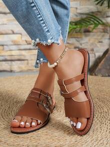 1 par de sandalias de mujer de unicolor, elegantes, casuales y sexys de cuero PU para exteriores, adecuadas para la playa, resort, casual, oficina, hogar, primavera/verano - Marrón - Ver 10