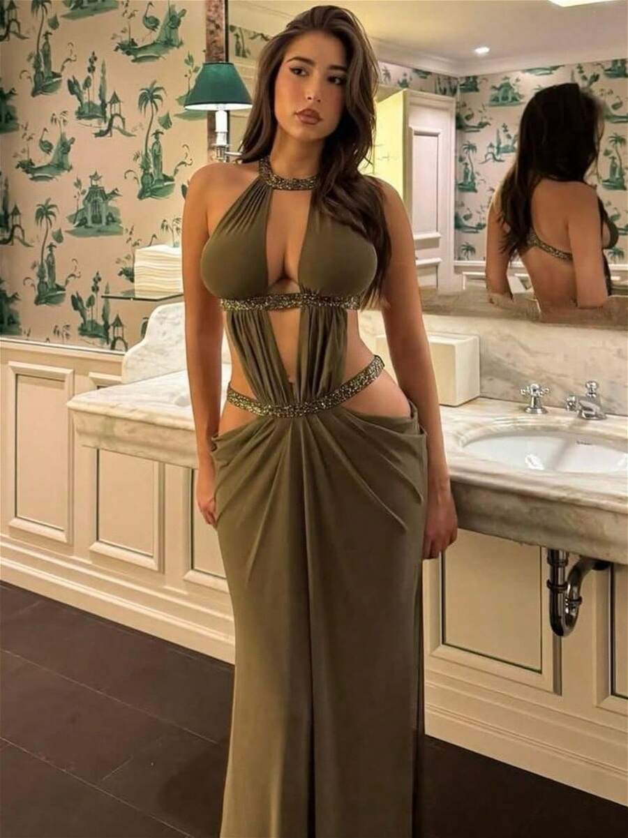 New Women's Solid Color Maxi Dress, Elegant Slim Fit Sexy Backless Patchwork Cutout Halter Gown - xanh quân đội - Xem 1