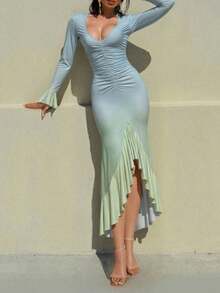 Y2K Inspired Gradient Dress V Neck Long Sleeve Wrap Hem Retro Daily Dress - Màu xanh lam - Xem 1