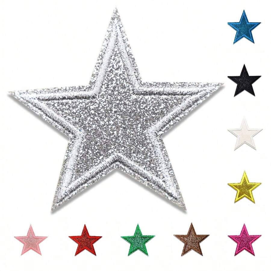 4pcs Shiny Silver Star Embroidered Patches, Iron-On/Sew-On, Suitable For Jackets, T-Shirts, Hats, Backpacks, Jeans, DIY Fashion Apparel Accessories - Multicolor - View 1