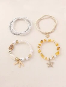 7pcs/Set Pink Series Girly Beach Vacation Style Shell, Starfish & Bead Elastic Bracelet Set, Suitable For Women's Vacation & Daily Wear (Handmade Beading, Bead Quantity And Sequence Position Are Random) - White - View 5