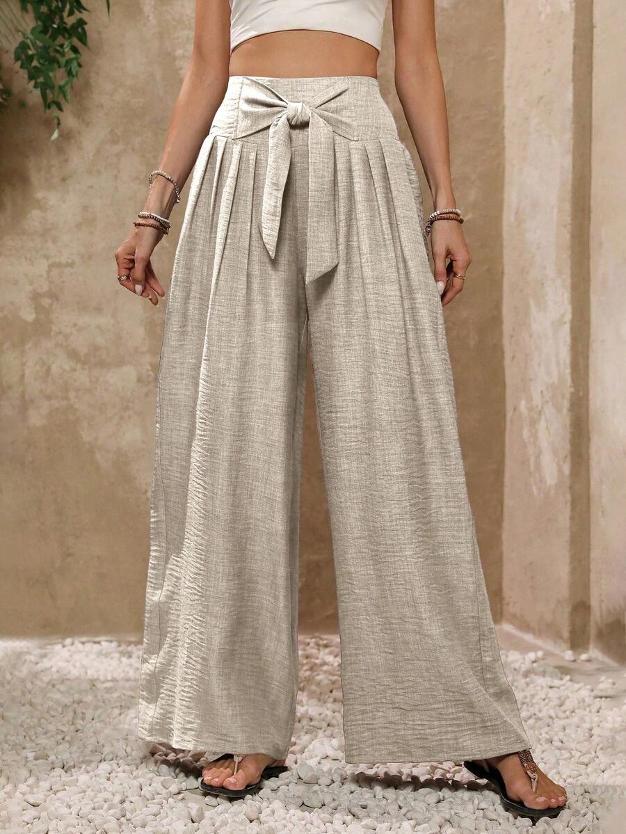 Women's Casual High-Waisted Wide-Leg Pants, Solid Color, Soft Fabric, Elastic Waistband. - Màu be - Xem 1