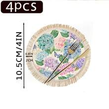 1/4/6件套春夏系列，多色绣球花配亮绿色叶子和蓝紫色蝴蝶亚麻印花流苏桌垫/咖啡杯垫 - 彩色 - 查看 12