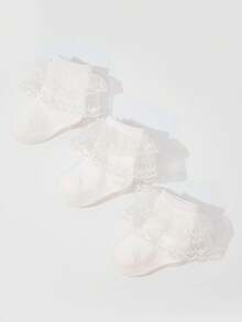 3双蕾丝刺绣精致女童袜，甜美儿童舞蹈袜，婴儿袜 - 白色 - 查看 5