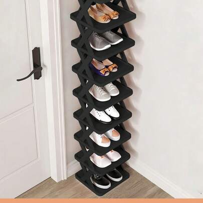 1 Stück 9/6/3 stöckiges vertikales Schuhgestell, platzsparender schmaler Schuhorganizer, kleines DIY frestehendes Schuhgestell für Eingangsbereich, Schrank, Flur, einfache Montage, stabile Struktur, aus schwarzem & weißem Kunststoffmaterial