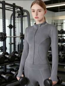Solid Color Fitted Long Sleeve Yoga Jacket With Thumbhole Cuffs For Yoga, Workout, Running - 灰色 - 查看 2