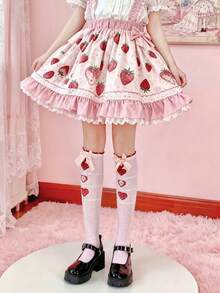 1 par de calcetines con estampado de lazo rosa y fresa, estilo Lolita dulce y adorable - Multicolor - Ver 3