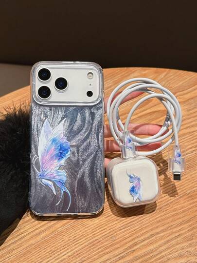4-In-1 Set (1pc Feather Chiffon IMD Hard Back Soft Edge Phone Case + 1pc UK 20W Apple Charger Protector + 2pcs Data Cable Protectors) With UV Gradient Butterfly Pattern, Compatible With UK Standard 20W Charger Compatible With IPhone 17/17Pro/17ProMax/Air/16/16Pro/16ProMax/16Plus, 11/12/12Pro/12ProMax, 13/13Pro/13ProMax, 14/14Pro/14Plus/14ProMax, 15/15Pro/15Plus/15ProMax