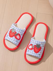 女士休闲丝绒刺绣草莓图案家居拖鞋，秋冬季 - 藍色格子草莓 - 查看 4