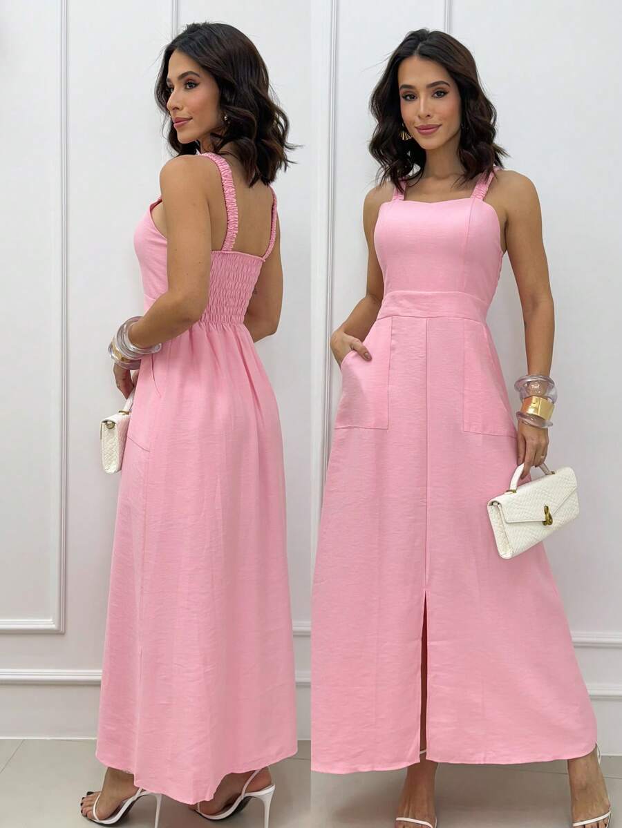 Long Dress Simple Elegant Casual Button Split Side Slit Women Wedding - 淺粉色 - 查看 1