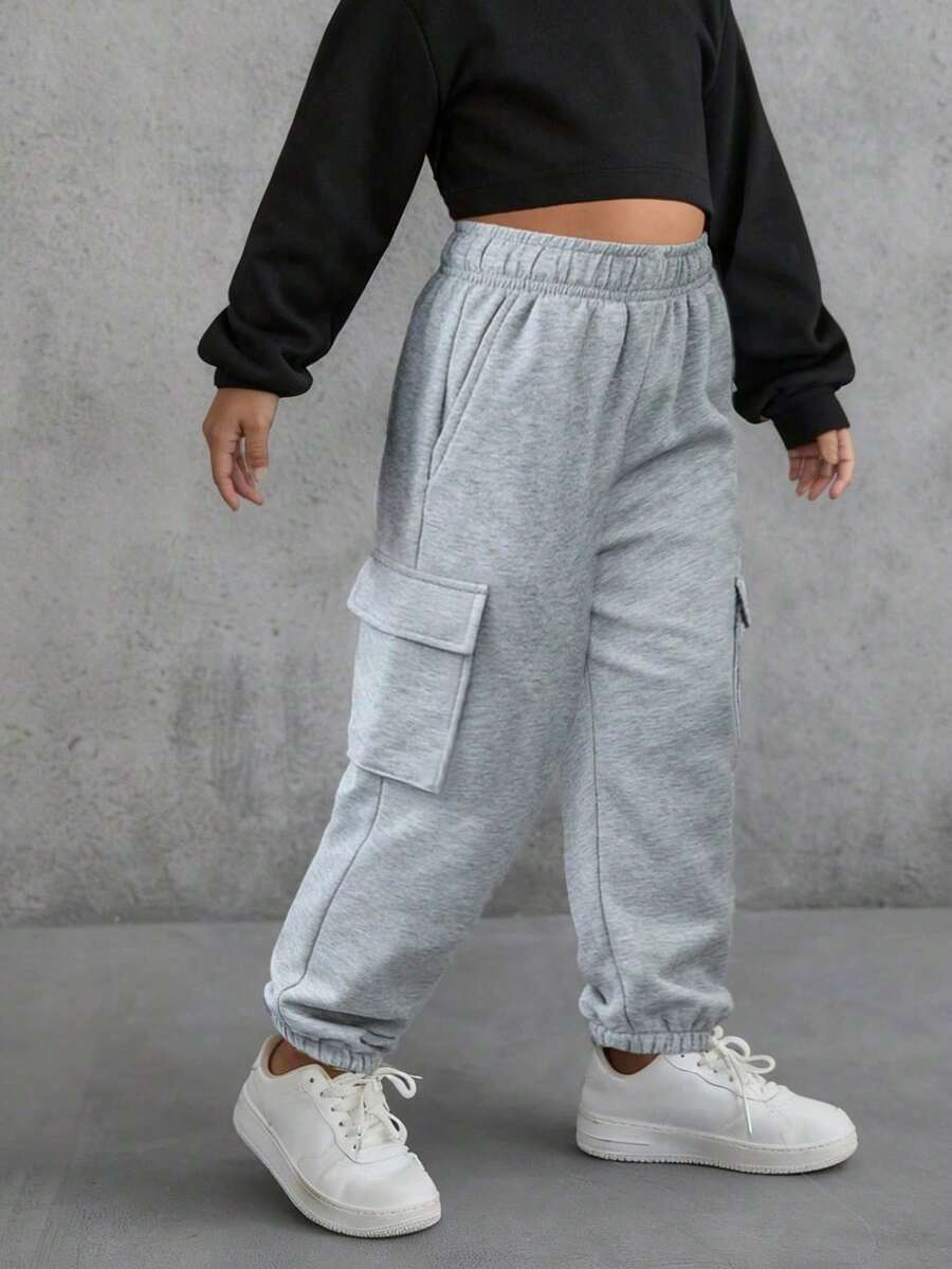 1 pieza Pantalones casuales y de moda para niñas con diseño de múltiples bolsillos para deportes al aire libre, viajes y cómodos con cordón - Gris - Ver 1