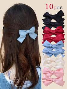 10件套花朵蝴蝶结发夹，红色波点蝴蝶结，米色，棕色，黑色格子蝴蝶结发饰，适合日常或返校佩戴 - 彩色 - 查看 1