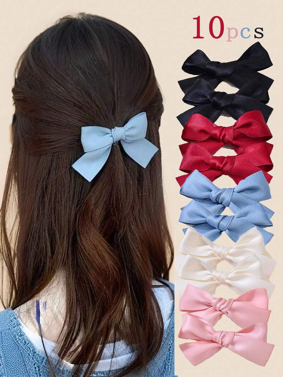 10件套花朵蝴蝶结发夹，红色波点蝴蝶结，米色，棕色，黑色格子蝴蝶结发饰，适合日常或返校佩戴 - 彩色 - 查看 1