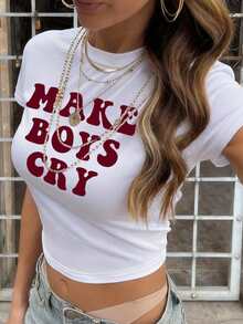 Women's Casual Cropped Lettered Slogan T-Shirt, Suitable For Versatile Style In Summer,Make Boys Cry Crop Top - White - View 4