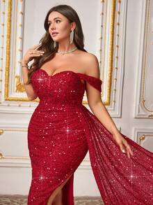 CHOSMO 大码女式纯色亮片优雅重工装饰露背高开衩连衣裙，适合约会、婚礼、派对、周年纪念、节日、鸡尾酒会、正式晚宴、婚礼宾客、毕业典礼、盛大晚宴、返校节、春季派对等场合。 - 酒紅色 - 查看 9