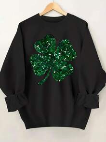 Women's St. Patrick's Day Sweatshirt With Shiny Four-Leaf Clover Print, Round Neck Sweatshirt, Suitable For Daily Casual Wear, Combining Fashionable Print And Comfortable Neckline.Loose And Comfortablevalentines Sweatshirts - 杏色 - 查看 11