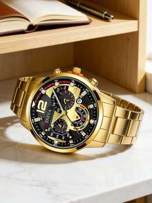Bộ 4 món đồng hồ nam thời trang công sở, đồng hồ mặt tròn lớn, dây thép không gỉ, máy quartz, bao gồm vòng tay cá nhân hóa, dây chuyền mặt thánh giá và nhẫn, thích hợp làm quà tặng cho nam giới, phù hợp cho các dịp lễ, công sở, tiệc tùng và đeo hàng ngày. - Vàng - Xem 5
