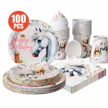 一套花卉骏马图案一次性餐盘、餐巾纸、纸杯，适合25位客人使用，一次性纸盘，派对用品，适用于生日、婚礼、主题派对、家庭野餐等场合。 - 彩色 - 查看 1