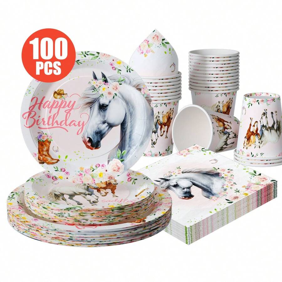 一套花卉骏马图案一次性餐盘、餐巾纸、纸杯，适合25位客人使用，一次性纸盘，派对用品，适用于生日、婚礼、主题派对、家庭野餐等场合。 - 彩色 - 查看 1