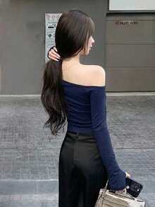 性感露肩修身长袖露脐上衣 - 藏蓝色 - 查看 5