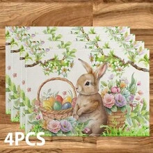 1/4/6 Piezas Manteles individuales con diseño de huevo y conejo de Pascua, manteles de lino con estampado de huevo y conejo, protector de mantel lavable, ideal para decoración de fiestas, cocina y reuniones familiares - Multicolor - Ver 13