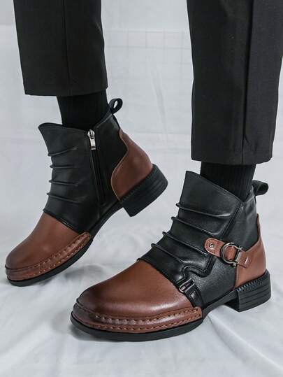 Side Zipper Boots Men, Retro Patchwork Harley Motorcycle High-Top Leather Shoes, Chelsea Boots