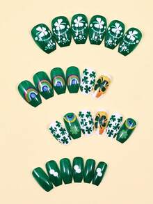 24pcs St. Patrick's Day Clover Rainbow Press On Nails Coffin , Green Nails Supplies Art Perfect For Everyday Wear - Multicolor - View 3