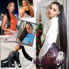 直发马尾接发，带夹子和抽绳，巴西直发，100% 未经加工的真人发，自然夹式马尾 - Natural Black - 查看 9