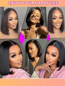 女士直发波波头假发，侧分无刘海，自然逼真，易于造型和佩戴，高品质齐肩长度假发，百搭发型，侧分假发 - Natural Black - 查看 9