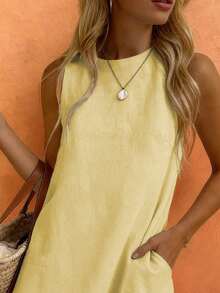 Starfish Women's Fashionable Versatile Minimalist Elegant Khaki Round Neck Sleeveless Dress, Suitable For Commuting In Spring And Summer - Yellow - View 5